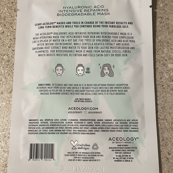 ACEOLOGY' HYALURONIC ACID INTENSIVE REPAIRING BIODEGRADABLE MASKS | Set of 2 NEW - Picture 4 of 6